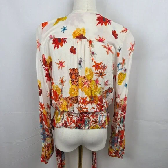 Michelle Morin For Anthropologie Blouse Sz M Floral Tiger Print Wrap Tie Waist - Picture 6 of 14